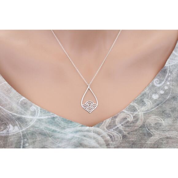 Sterling Silver Teardrop Charm with Wave Pattern Necklace - Picture 2 of 5